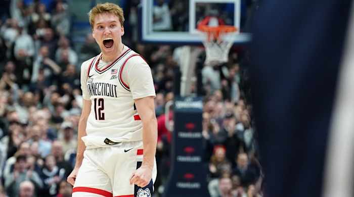 UConn Huskies guard Cam Spencer reacts after a play against the Butler Bulldogs in the first half at XL Center in Hartford, Conn., on Feb. 6, 2024.